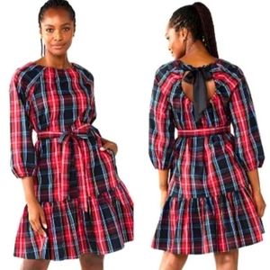 Draper James Tartan Red Plaid Bow Ruffle Dress Size Small Holiday Party NEW NWT
